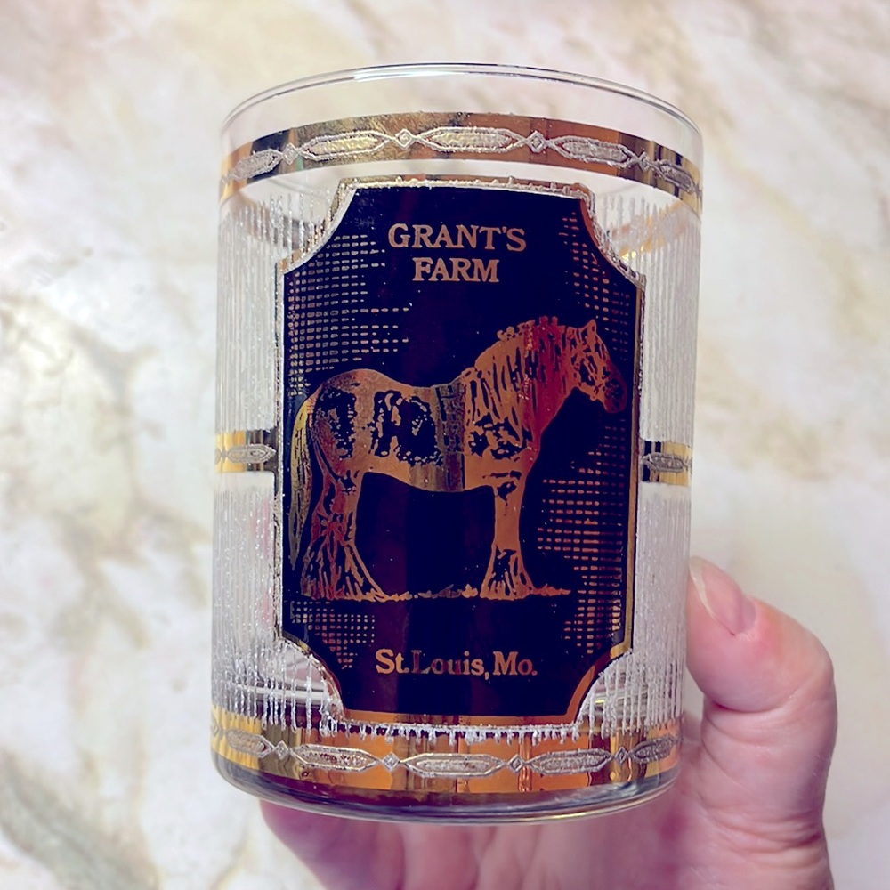 GRANT’S CLYDESDALE HORSE FARM SHOT GLASS MADE BY CULVER 22K GOLD TRIM